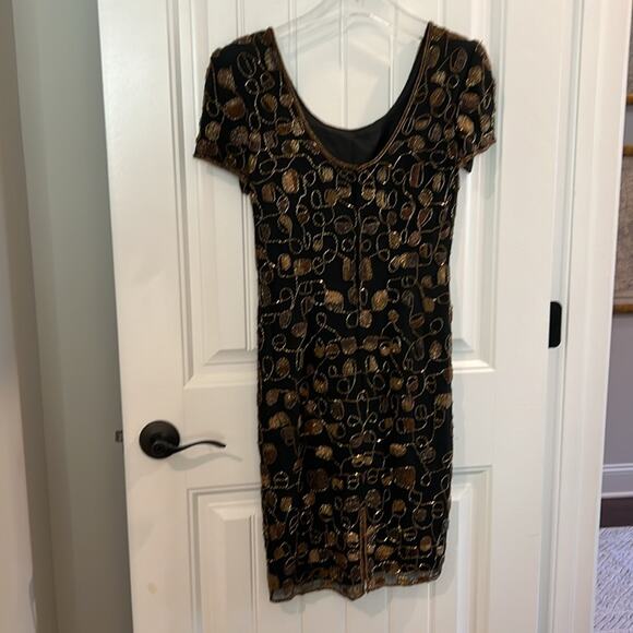 NEW Adrianna SILK Papell Evening Cocktail Black Gold Sequin Dress 4 Black Tie - Picture 9 of 16
